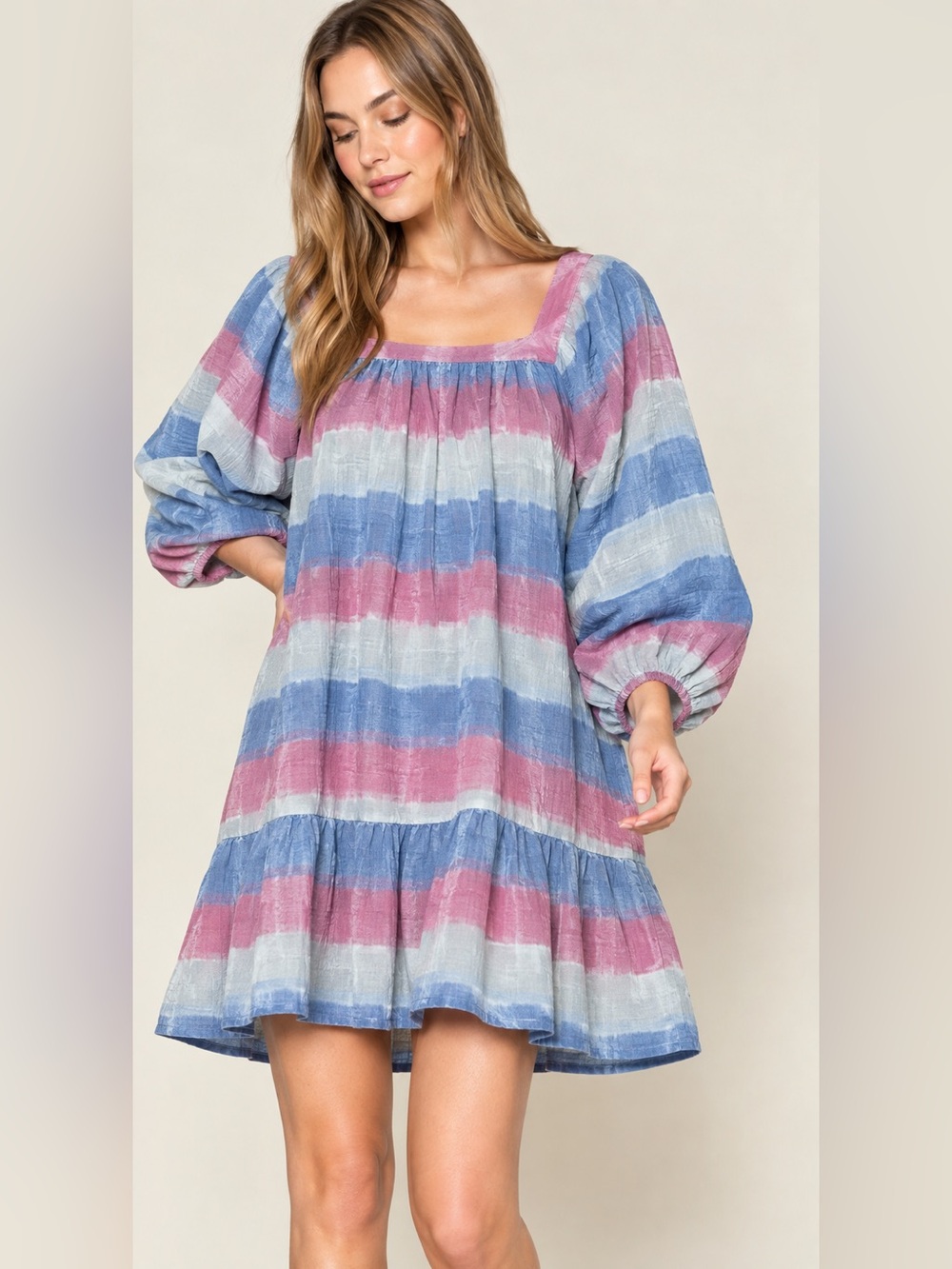 Outerknown 100% Organic Cotton Striped Square-Neck Mini Dress in Blue & Pink